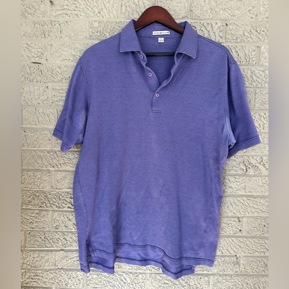 Peter Millar Polo Shirt Mens Size L Blue Checked Collared Short Sleeve